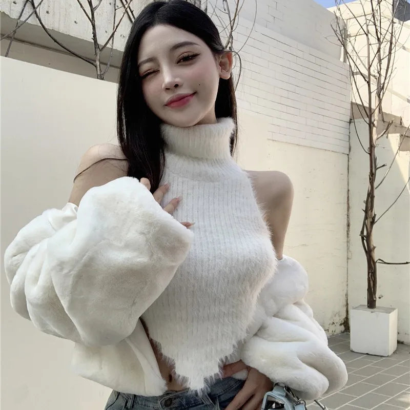 Sexy Tanks Women Knitted Hot Chic Backless Turtleneck Short Sleeveless Off Shoulder Popular Streetwear Corrugated Edge Female VELNIX