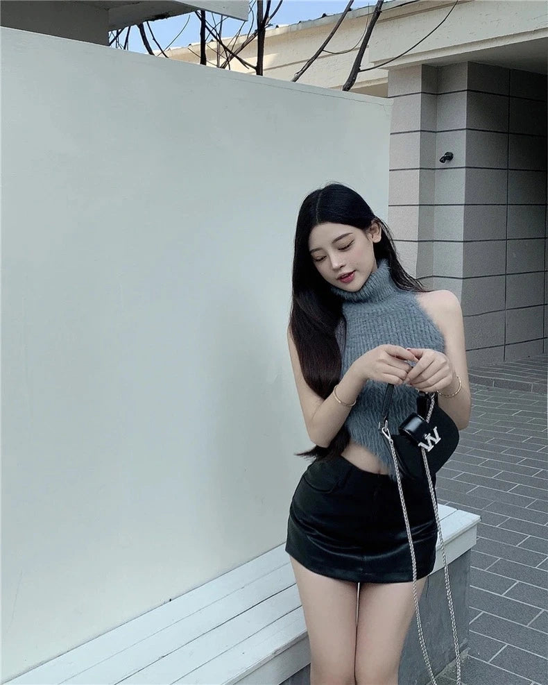 Sexy Tanks Women Knitted Hot Chic Backless Turtleneck Short Sleeveless Off Shoulder Popular Streetwear Corrugated Edge Female VELNIX