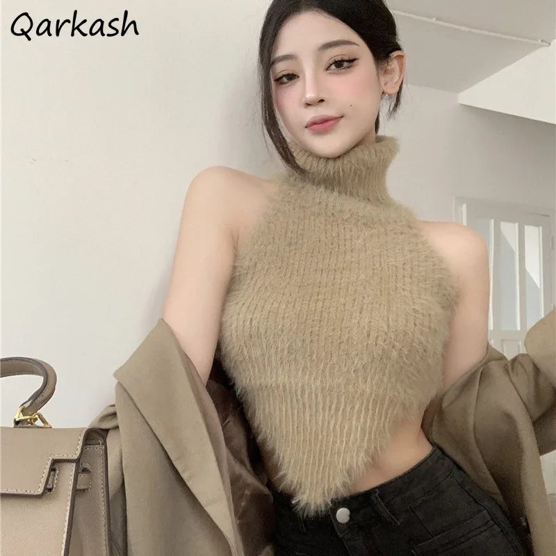 Sexy Tanks Women Knitted Hot Chic Backless Turtleneck Short Sleeveless Off Shoulder Popular Streetwear Corrugated Edge Female VELNIX
