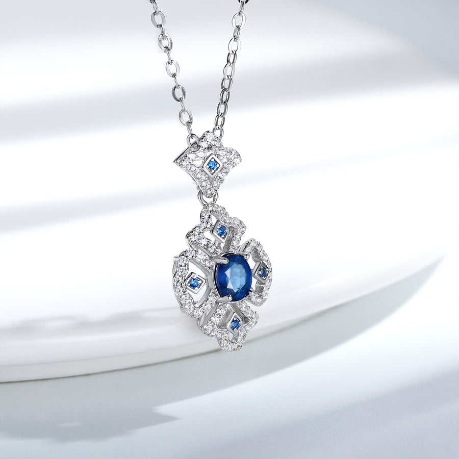 S925 Silver Retro Pattern Necklace Women's Versatile Natural Sapphire Pendant VELNIX