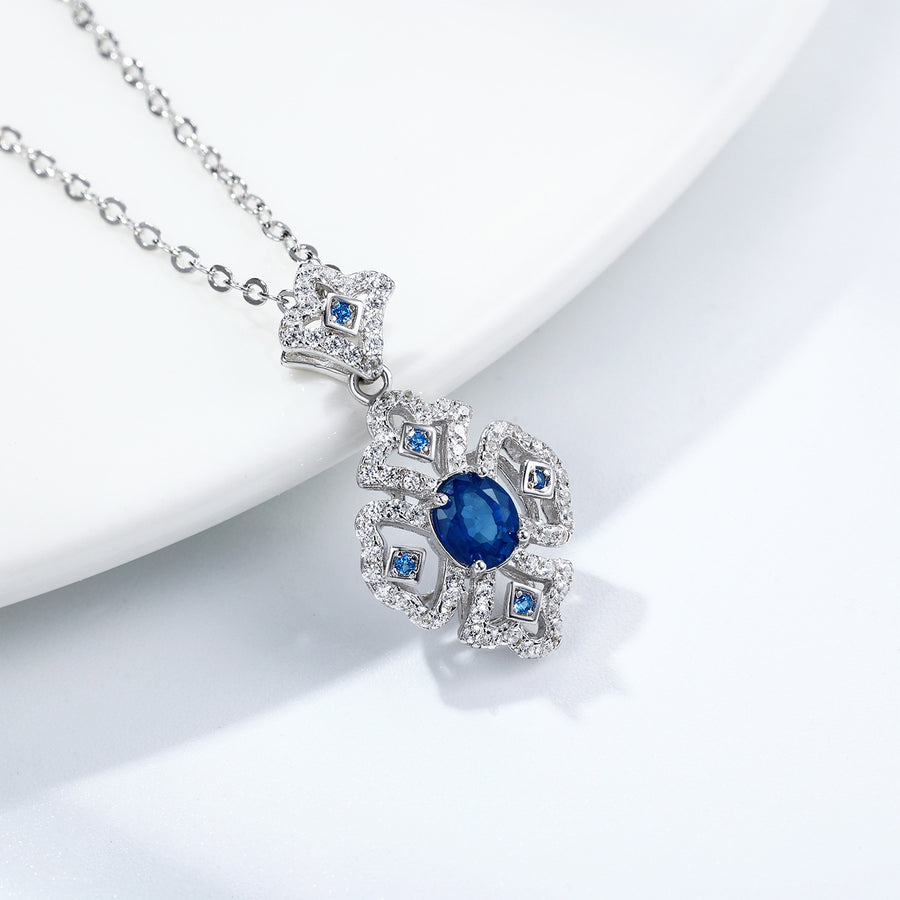S925 Silver Retro Pattern Necklace Women's Versatile Natural Sapphire Pendant VELNIX